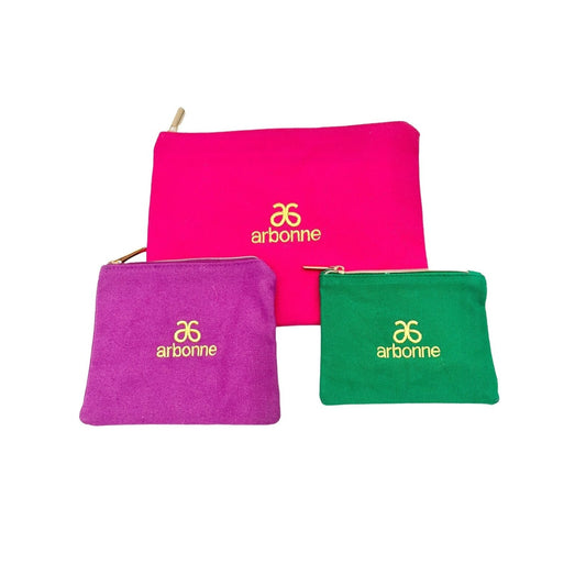 Arbonne Set of 3 Sizes Canvas Bags Pink Purple Green Zip Closure NEW