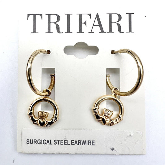 Trifari Pierced Earrings Drop Gold Tone Claddagh NIP