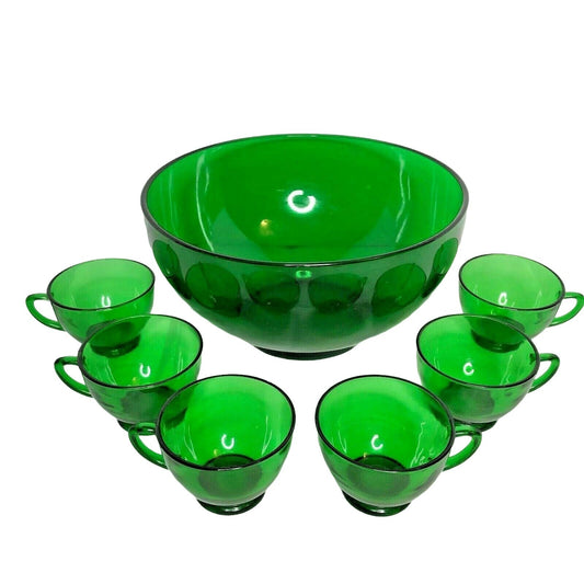 Vintage Anchor Hocking Anchorglass Forest Green Punch Bowl and 6 Cup Set EUC