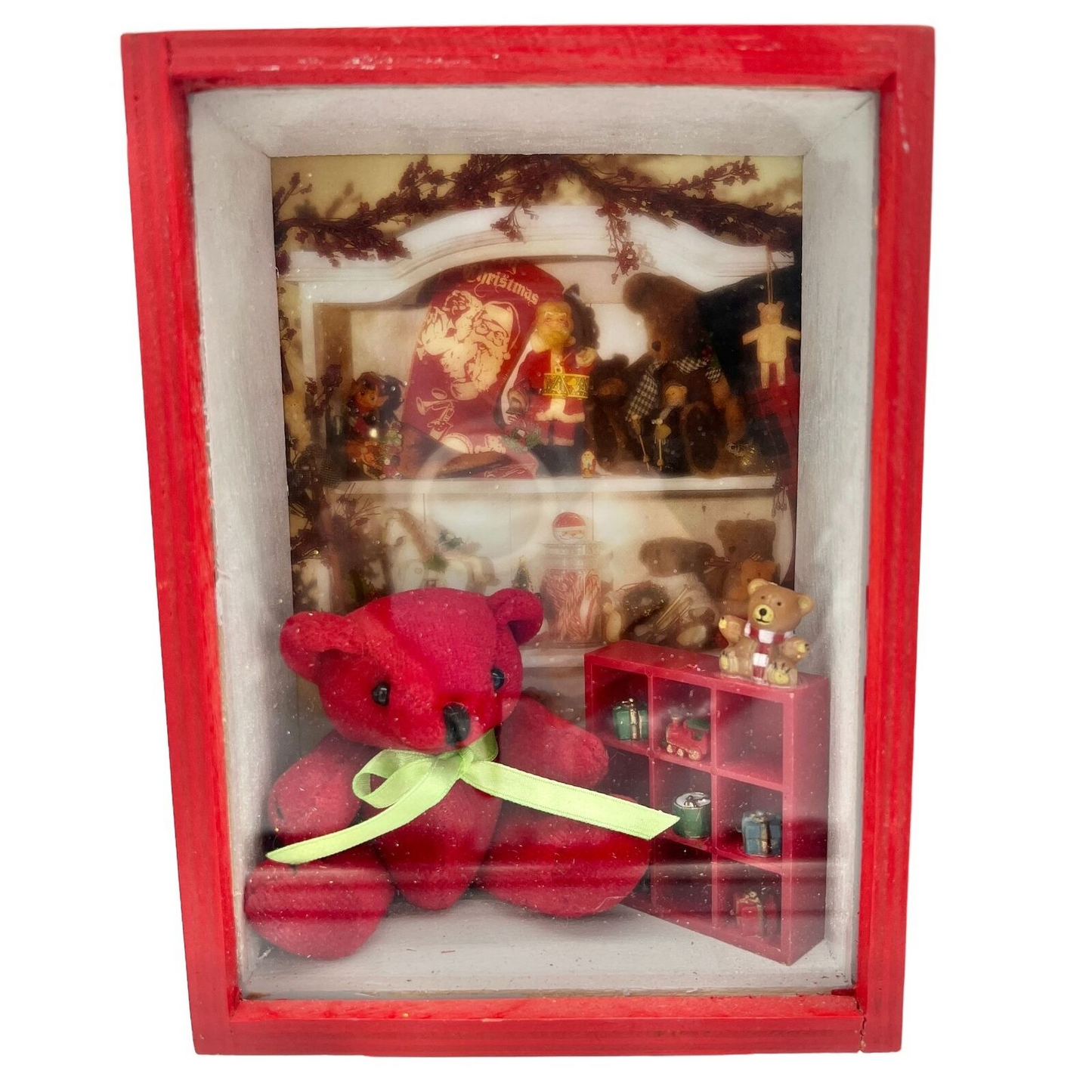 Handcrafted Shadow Box 7.5 x 5.5 x 3 Red Teddy Bear Christmas