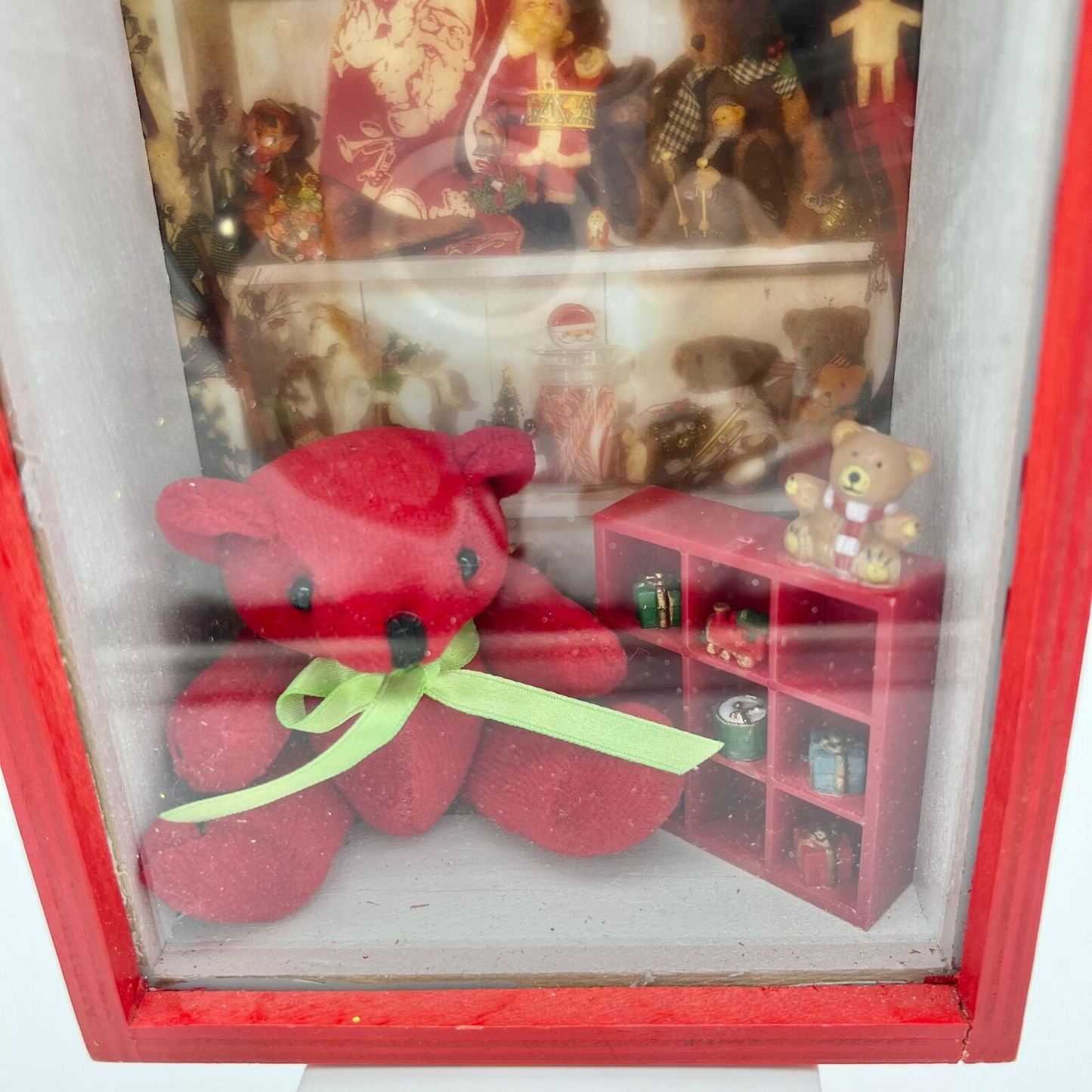 Handcrafted Shadow Box 7.5 x 5.5 x 3 Red Teddy Bear Christmas