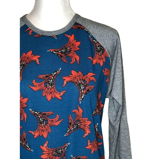 LuLaRoe Randy Baseball Style Tee Size M Blue Red Flowers Gray 3/4 sleeves NWT