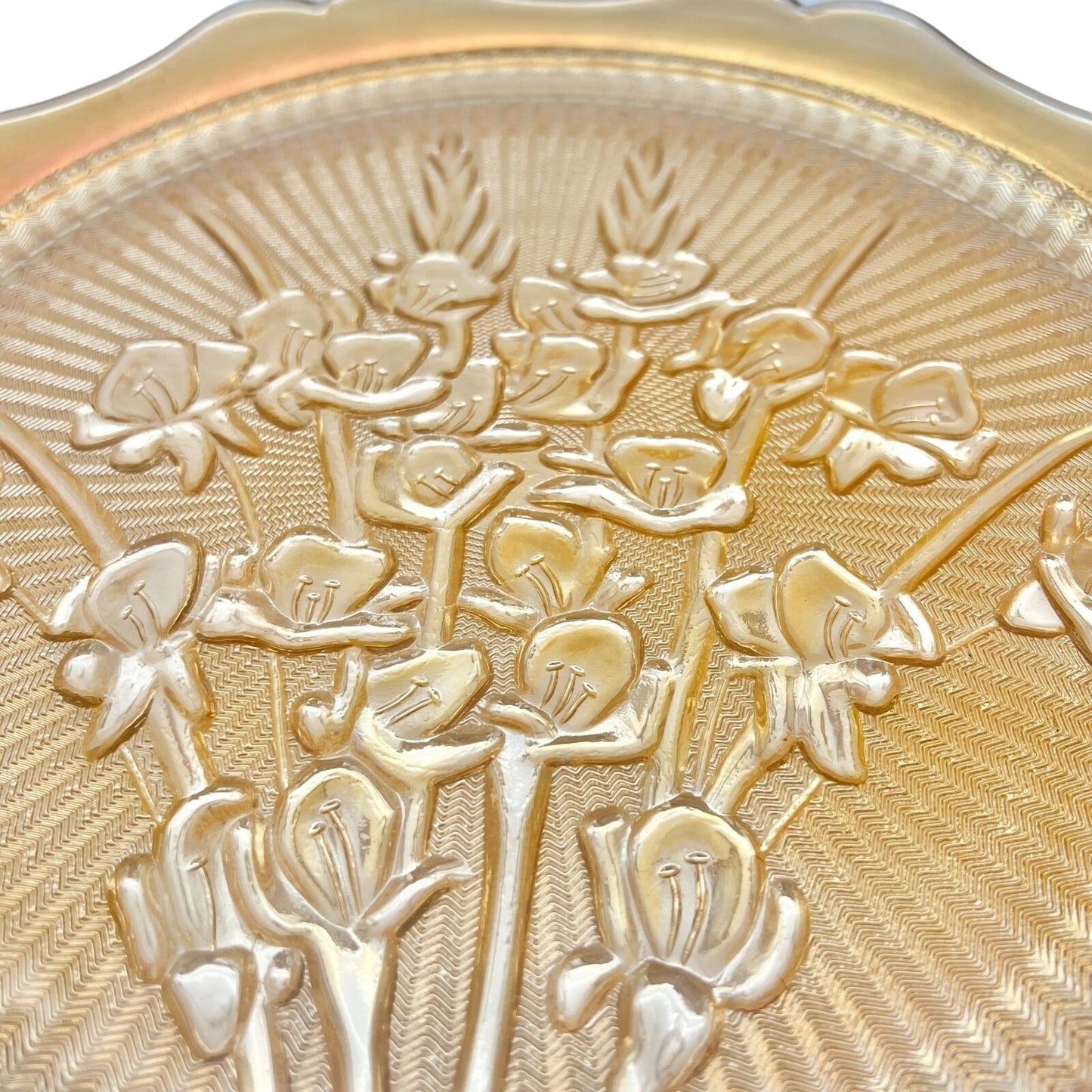 Iridescent Iris & Herringbone Marigold Platter 12 in Vintage Carnival Glass 1940s