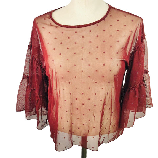 Express Small Petite Sheer Maroon Lacy Top Ruffled Bell 3/4 Sleeves Spotted