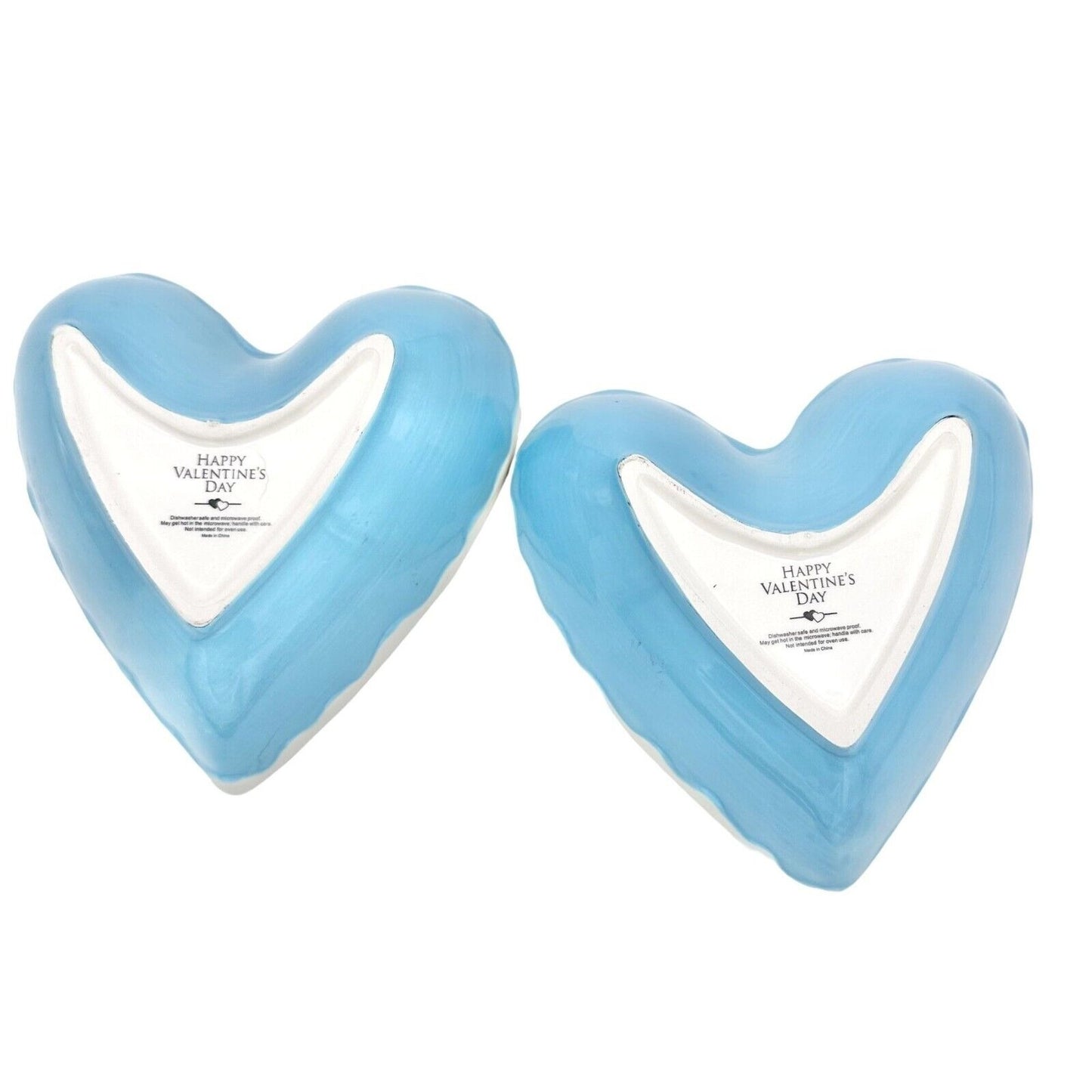 Happy Valentine's Day Set of 2 Heart Bowls  6.5 x 6 Blue White