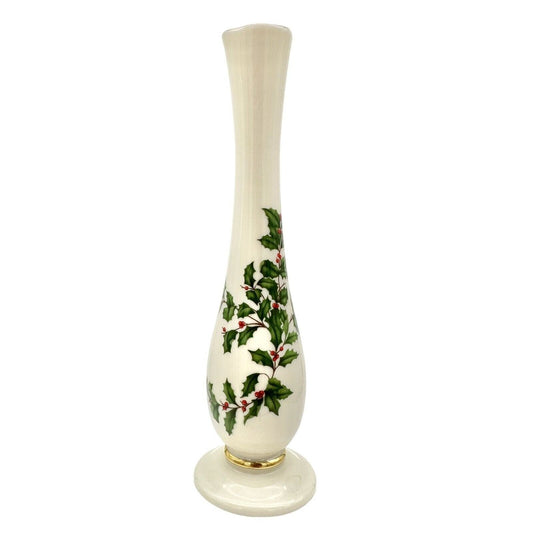 Lenox Holiday Christmas Bud Vase 7.5 x 2 Beige Gold Trim Holly