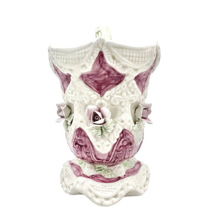 Victorian Look Floral Ceramic Mug 7 x 5.5 Beige Pink Green Flowers EUC
