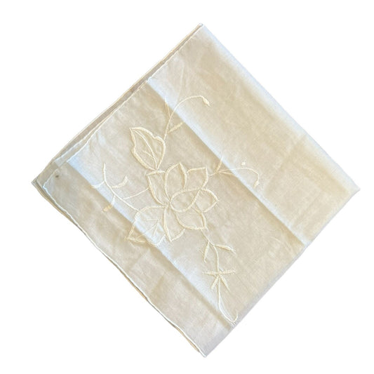 Vintage Linen Handkerchief Womens 14.5 x 14 Ivory Embroidered Flower