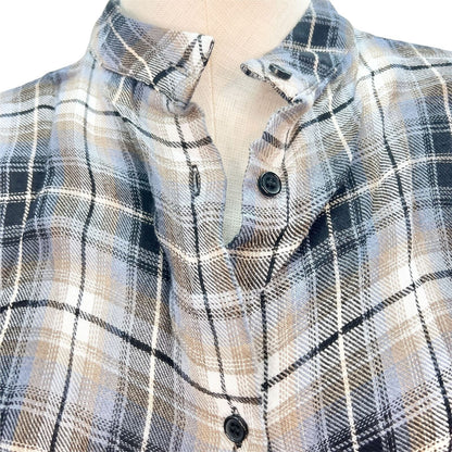 Elan Women's Small Blue Plaid LS Rayon High Low Button Up Mock Neck Top
