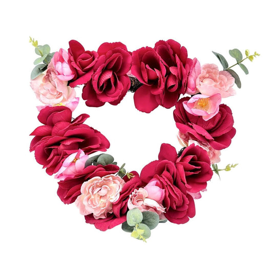 Heart Wreath 17 x 16 Red Pink Flowers Eucalyptus Red Ribbon Hanger