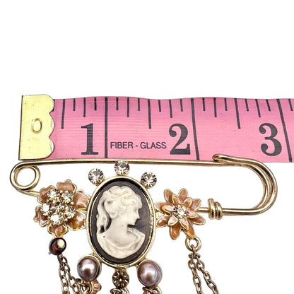 Brooch Pin 3 inch Goldtone Cameo Beads Rhinestones NWOT