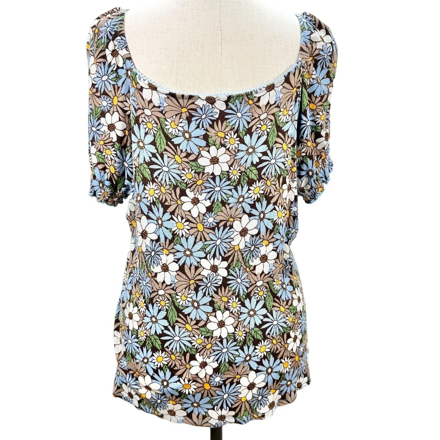 Cato Women's Top 22/24 Blue Brown Flowers Short Sleeve V-neck