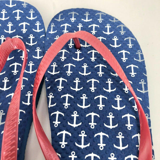 Flip Flops Blue with Anchors Womens XL (11-12) NEW beach pool camping casual Summer