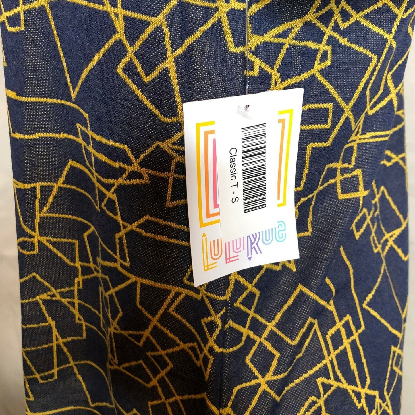 LuLaRoe Classic T Women's Small Top Navy Blue with Yellow Lines NWT