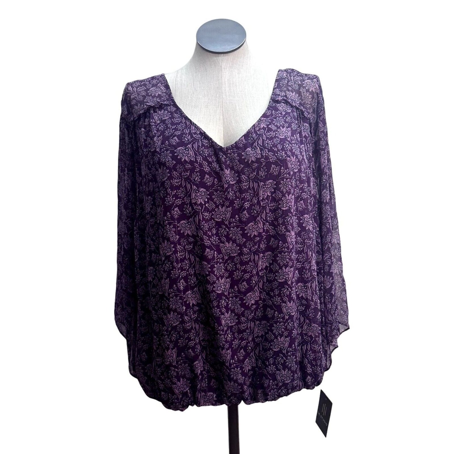 I.N. Studio Top Women's 3x Purple Flowers Gold Thread Vneck Gathered Bottom NWT