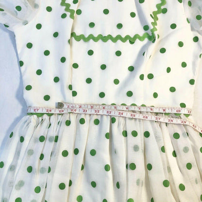Vintage 1960s White w/ Green Polka Dots High Collar Long Sleeve Gown Bridesmaid