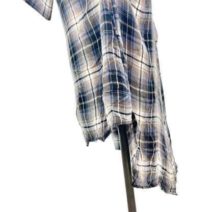 Elan Women's Small Blue Plaid LS Rayon High Low Button Up Mock Neck Top