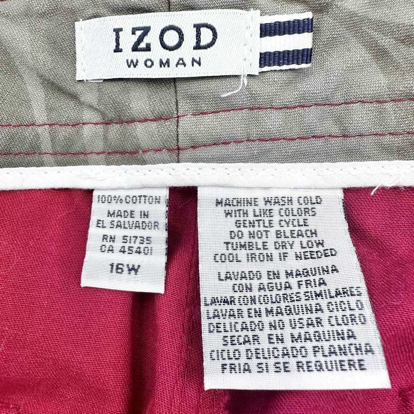 Izod Women Cargo Capri 16W Red Side Back Pockets Zip Closure Drawstring Leg Cuff