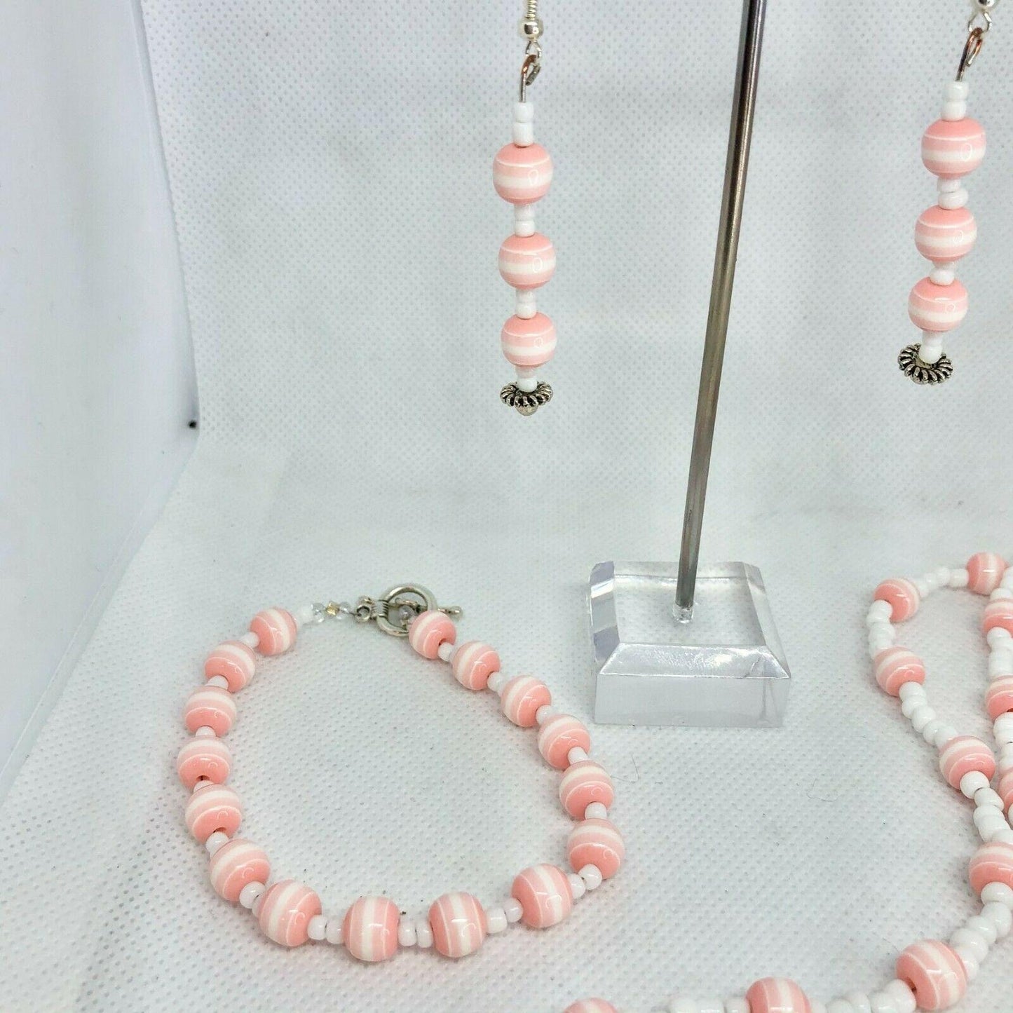 Handcrafted 3pc Jewelry Set Light Pink Beads Necklace Earrings Bracelet NEW