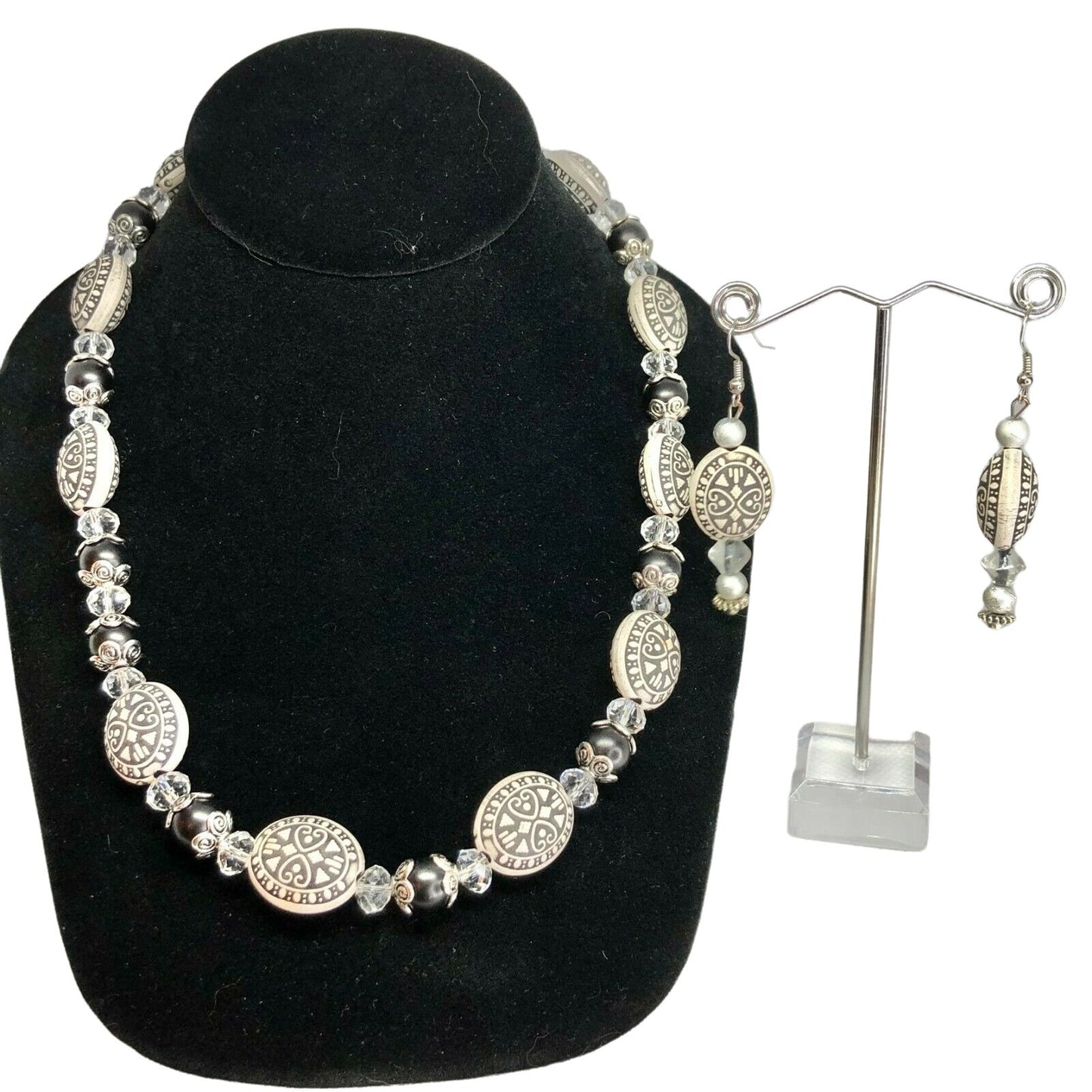 Handcrafted 2pc Jewelry Set Black & White Beads Dressy Statement NEW