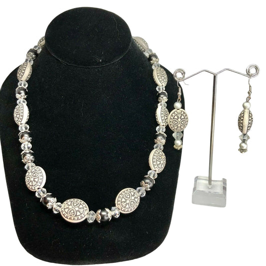 Handcrafted 2pc Jewelry Set Black & White Beads Dressy Statement NEW