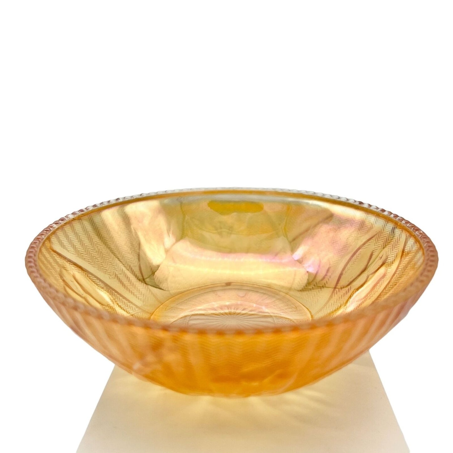 Iridescent Iris & Herringbone Marigold Compote Dish Vintage Carnival Glass 1940s