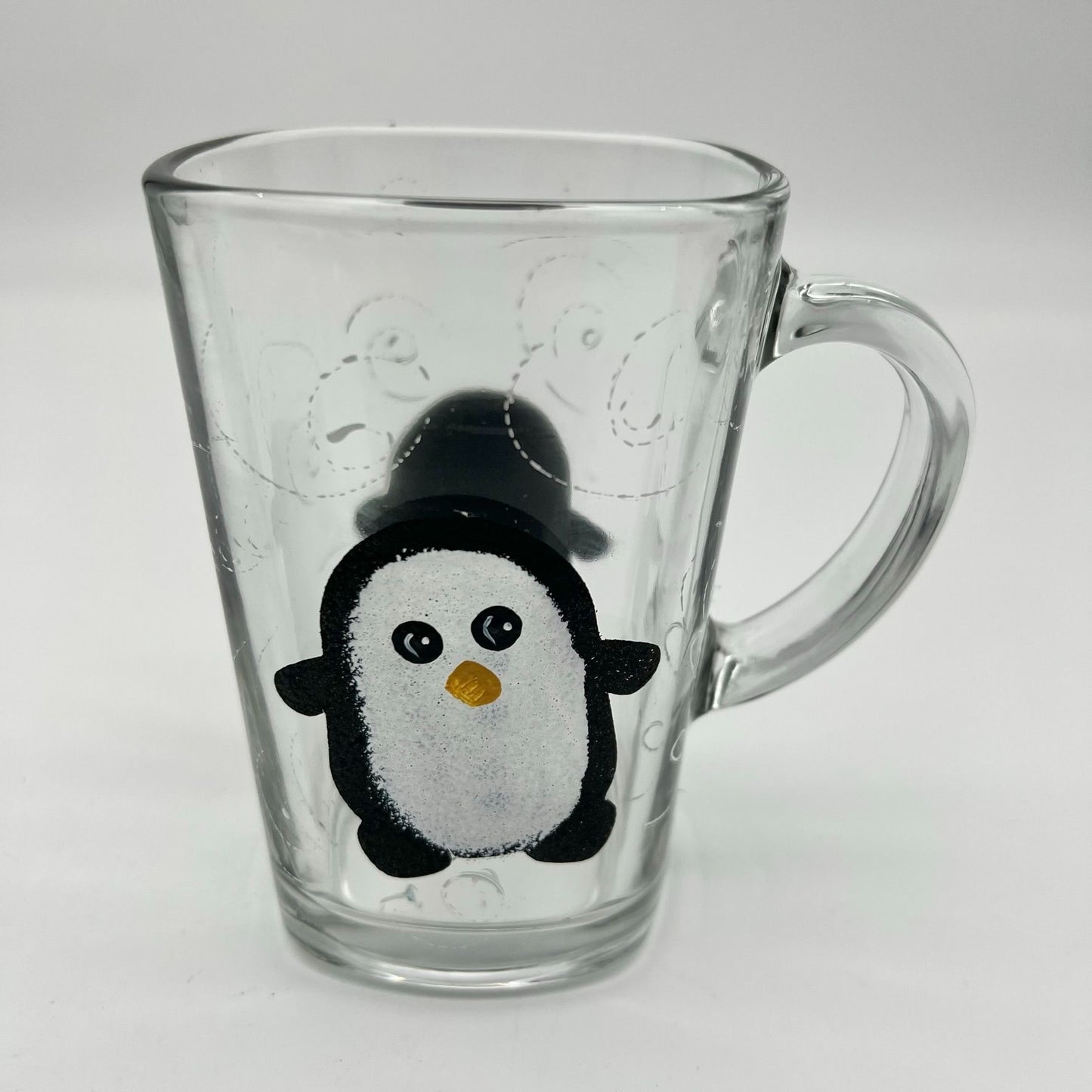 Glass Mug with Hand Painted Penguins  and Swirls 5 Inches Tall