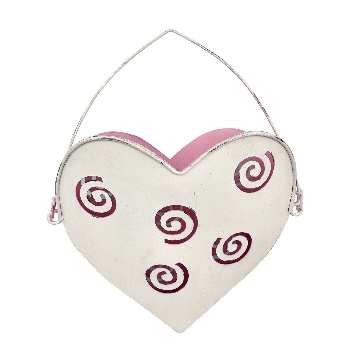 LGD Inc. Hanging Heart Basket 7 x 6 White Pink Metal Cut Out Swirls Valentines