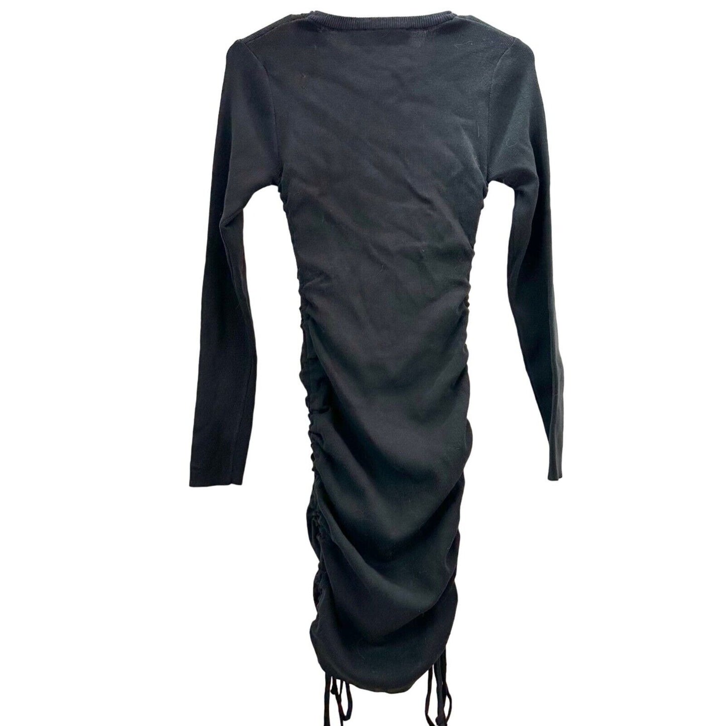 Lioness Dress Women's S Black Ribbed Long Sleeve Crew Neck Drawstring Sides NWT