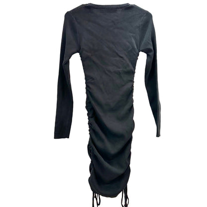 Lioness Dress Women's S Black Ribbed Long Sleeve Crew Neck Drawstring Sides NWT