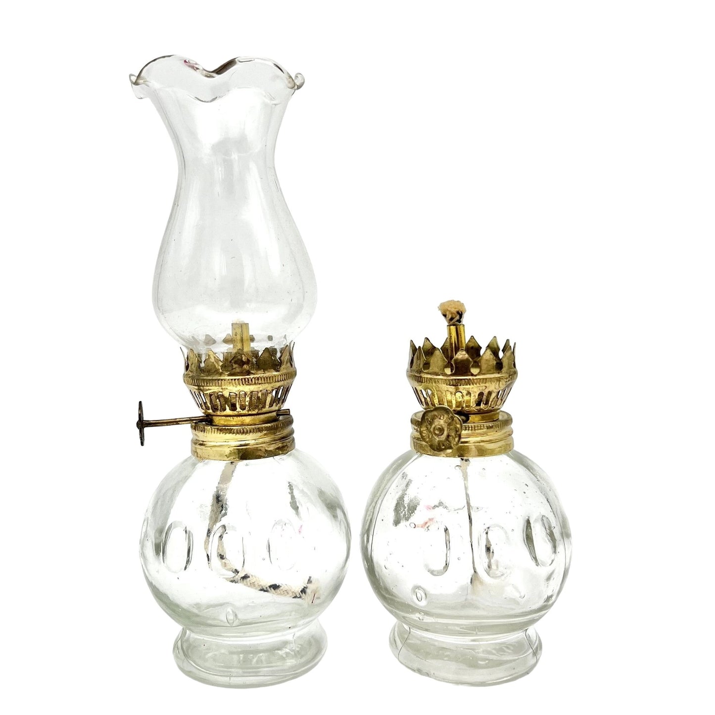 Set of 2 Mini Oil Lamps 8 x 3 and 4.5 x 3 Clear Glass One Missing Chimney