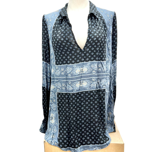 Free People Shirt Women's S Blue Patterned Tunic Long Sleeve V-neck EUC