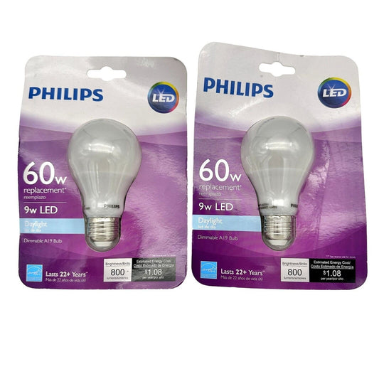 Philips Replacement Bulbs Set of Two 60w 9w LED Daylight Dimmable A19 Bulb NIP