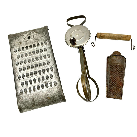 Vintage Set of 4 Kitchen Utensils Farmcore Cottagecore Grater Beater Rustic