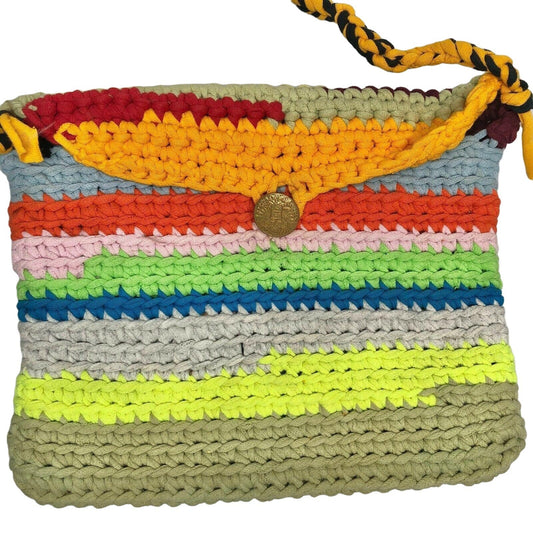 Handcrafted Crocheted Purse Multicolor w/ button closure tshirt yarn NEW