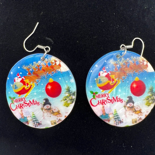 Shell Earrings Merry Christmas Santa in Sleigh Snowmen