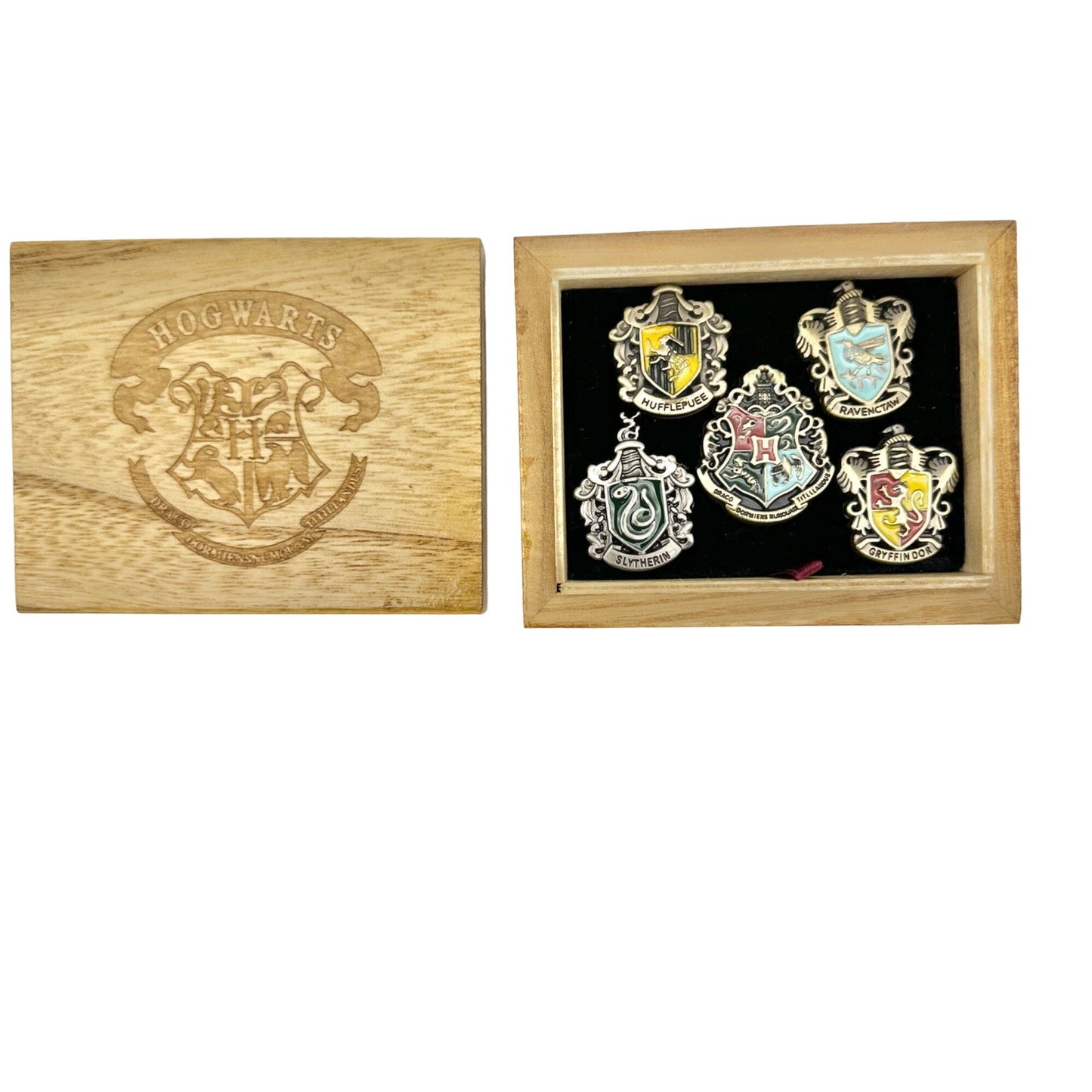 Hogwarts Set of 5 Pins Decorative Wooden Box Velvet Lined NIB