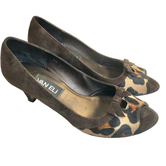 Vintage VANELi Brown Suede Pumps Leopard Print & Bow Accent Womens 8N