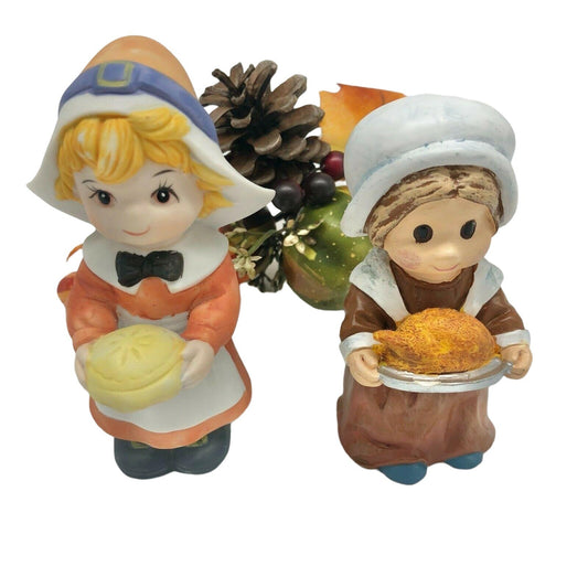 Thanksgiving Girl and Woman Figurines with Fall Pick Autumn