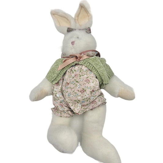 Stuffed Bunny 15 x 11 White Pink Flowered Jumper Bow Green Sweater NEW