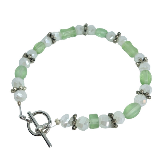 Handcrafted Bracelet White & Green Beads Silver Toggle Clasp Beads Spring NEW