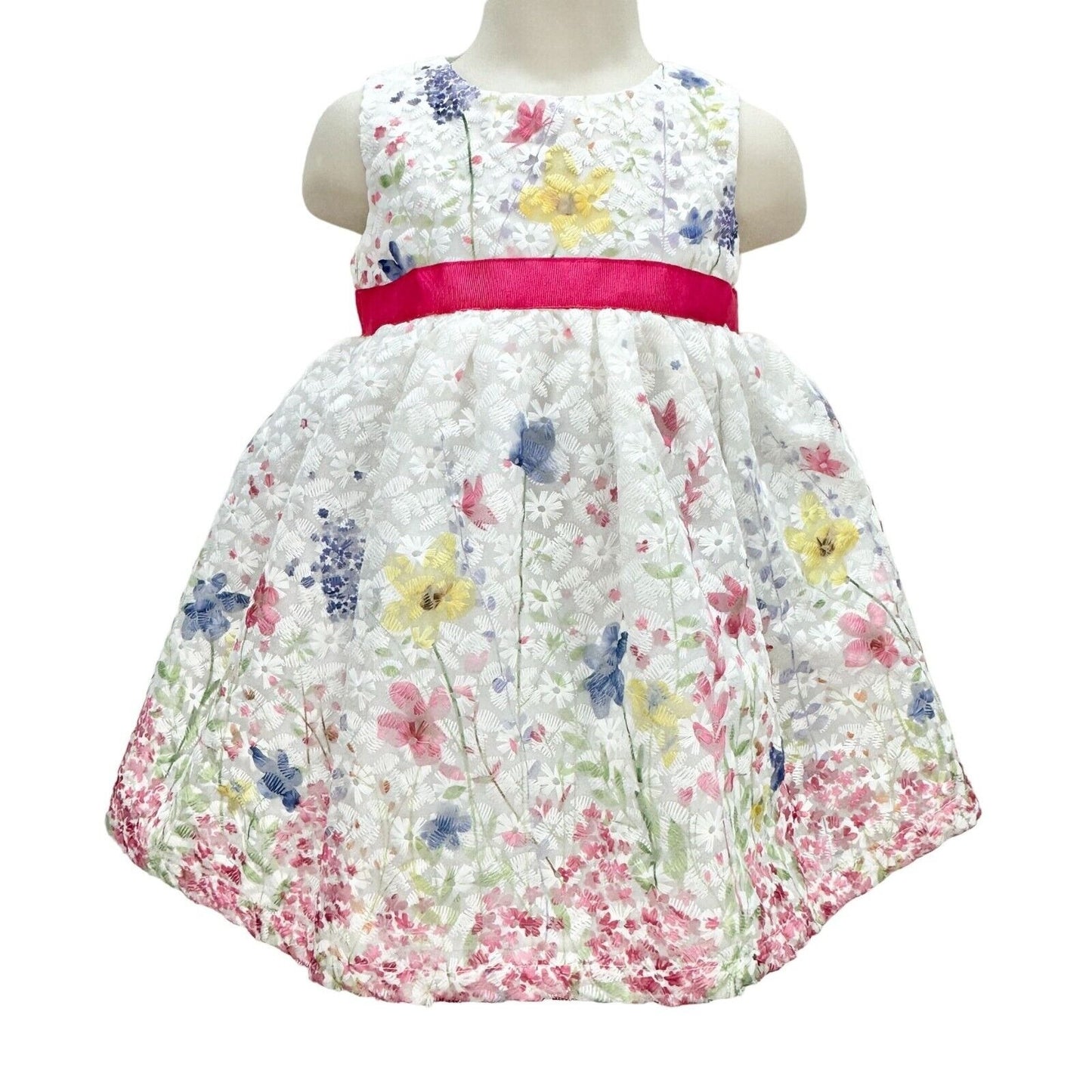 Blueberi Boulevard Child's Dress Size 18M White Stitched Flowers Pink Bow EUC