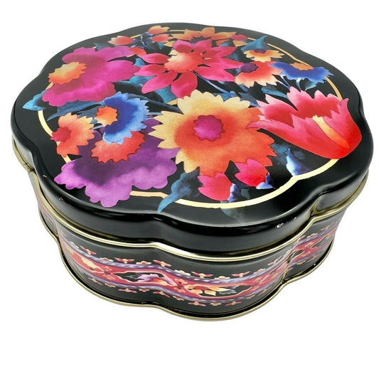 Black Floral Flower Shaped Decorative 6 inch Diameter Collectible Tin Bright