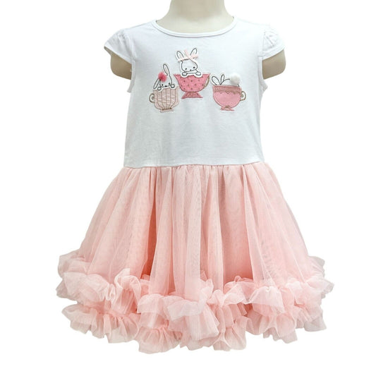 Child's Dress 24 mo White Pink Tulle Bunnies in Teacups Skirt 10 inch long NWT