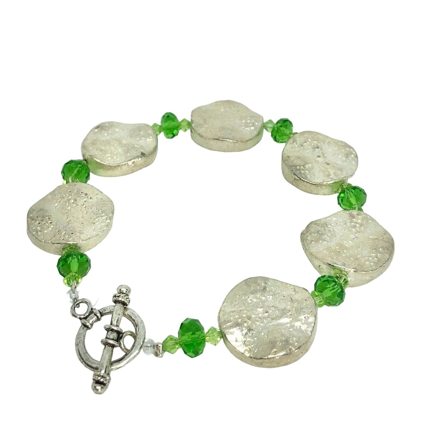 Handcrafted Bracelet Silver Discs & Green Beads Fresh Fun NEW