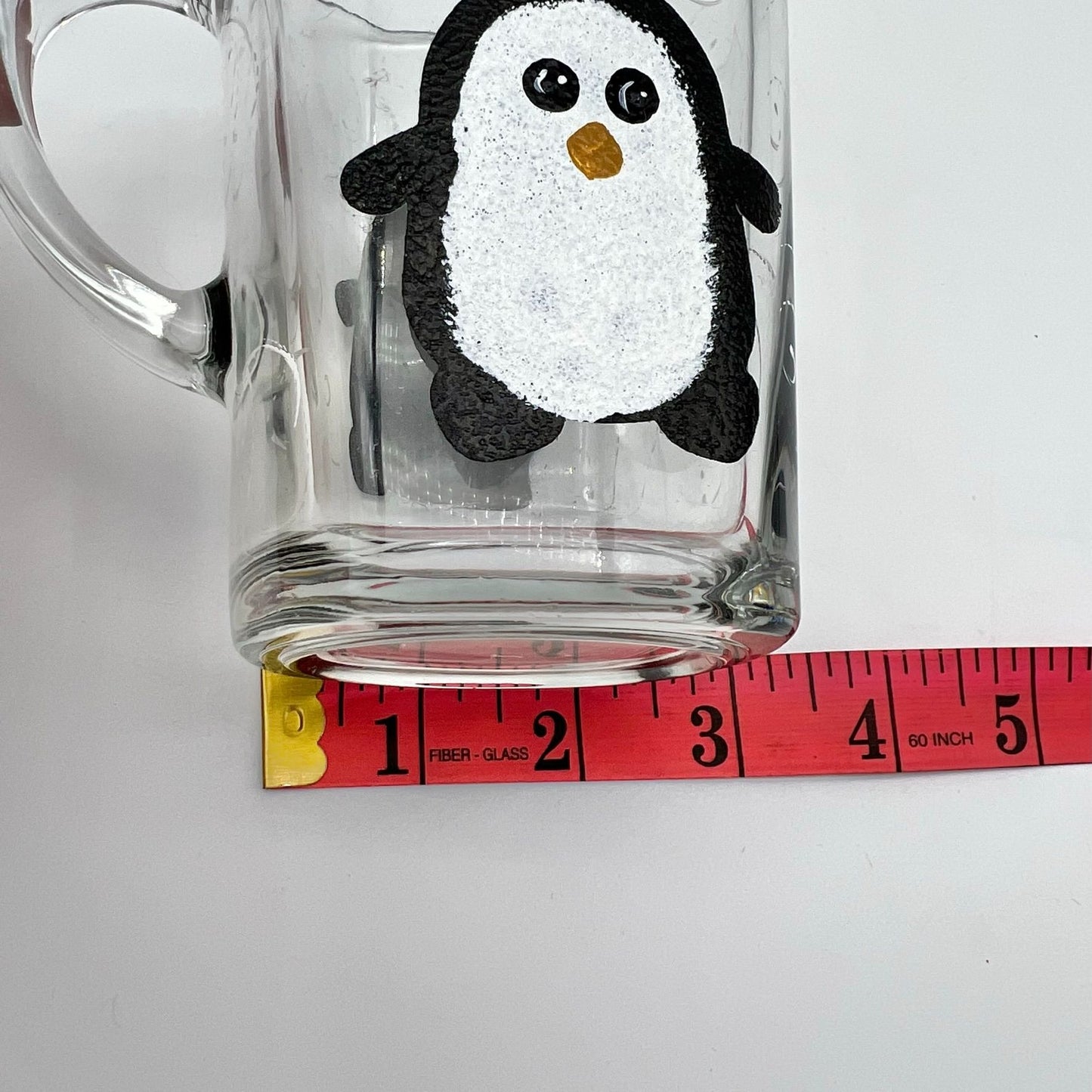 Glass Mug with Hand Painted Penguins  and Swirls 5 Inches Tall