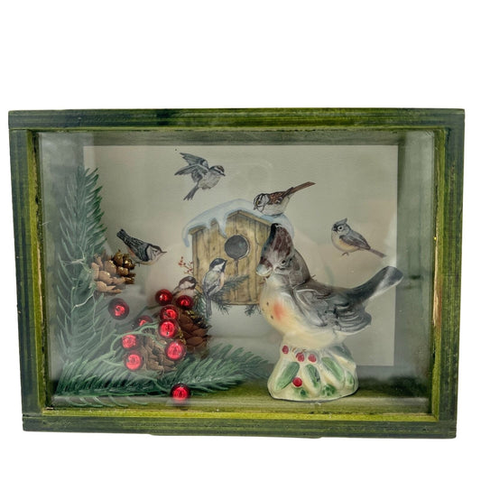 Handcrafted Shadow Box 7.5 x 5.5 x 3 Green Bird Christmas