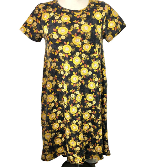 LuLaRoe Carly Dress XS Black with Yellow Floral Design