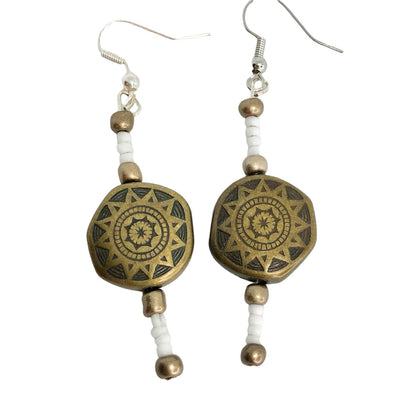 Handcrafted Beaded Earrings Golden Sun Beads & White Beads Jewelry NEW