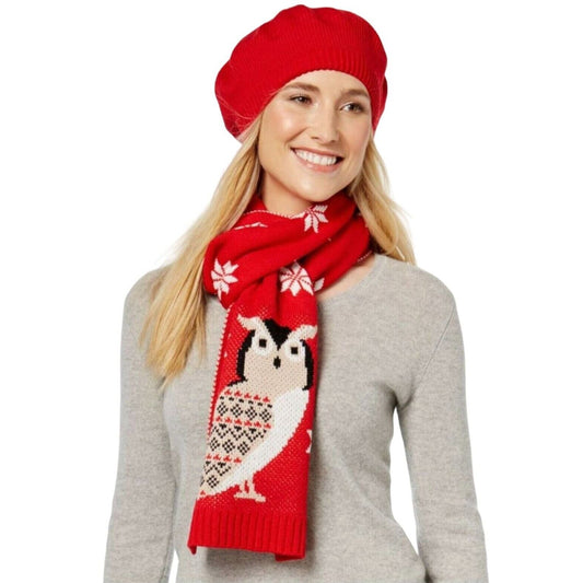 Charter Club 2-Piece Gift Set Scarf Hat One Size Red Owl Snowflakes NEW